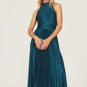 Teal Pleated Halter Evening Dress